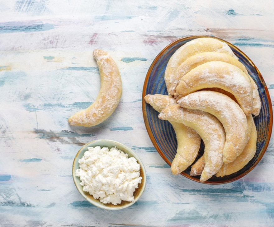 Homemade banana shaped cookies with cottage cheese filling.